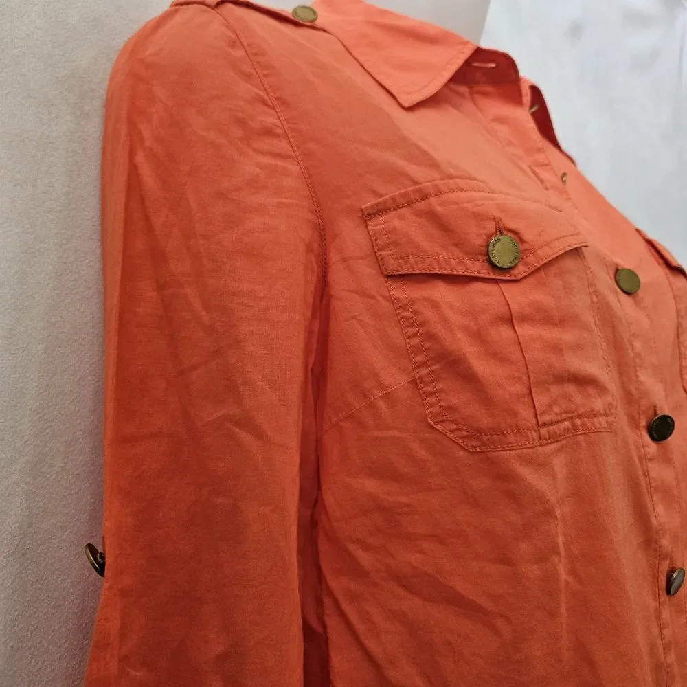 Tory Burch Top Womens 4 Gold Buttons Up Tangerine Red Orange Cotton Preppy Shirt